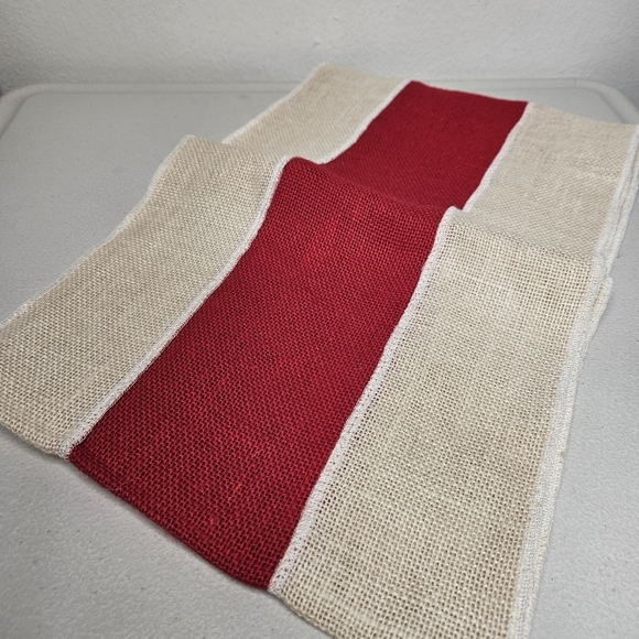 Burlap Table Runner Red Striped 11 x 70 Inch Rustic Natural Christmas Patriotic - Picture 3 of 5